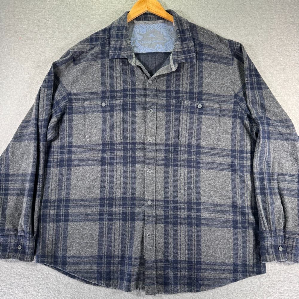 Tommy Bahama Flannel Shirt Mens‎ 3XL Blue Plaid Comfort Double Pocket Viscose